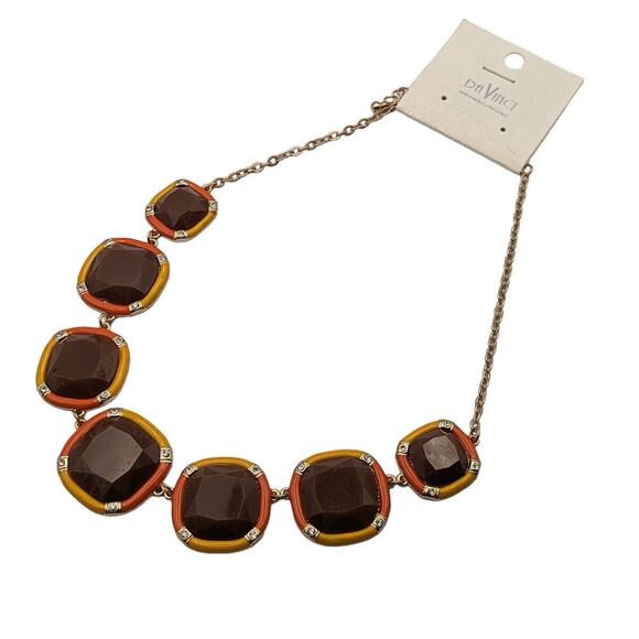 Gold Square Stone Statement Necklace Brown Yellow Orange Da Vinci Adjustable - Picture 1 of 5